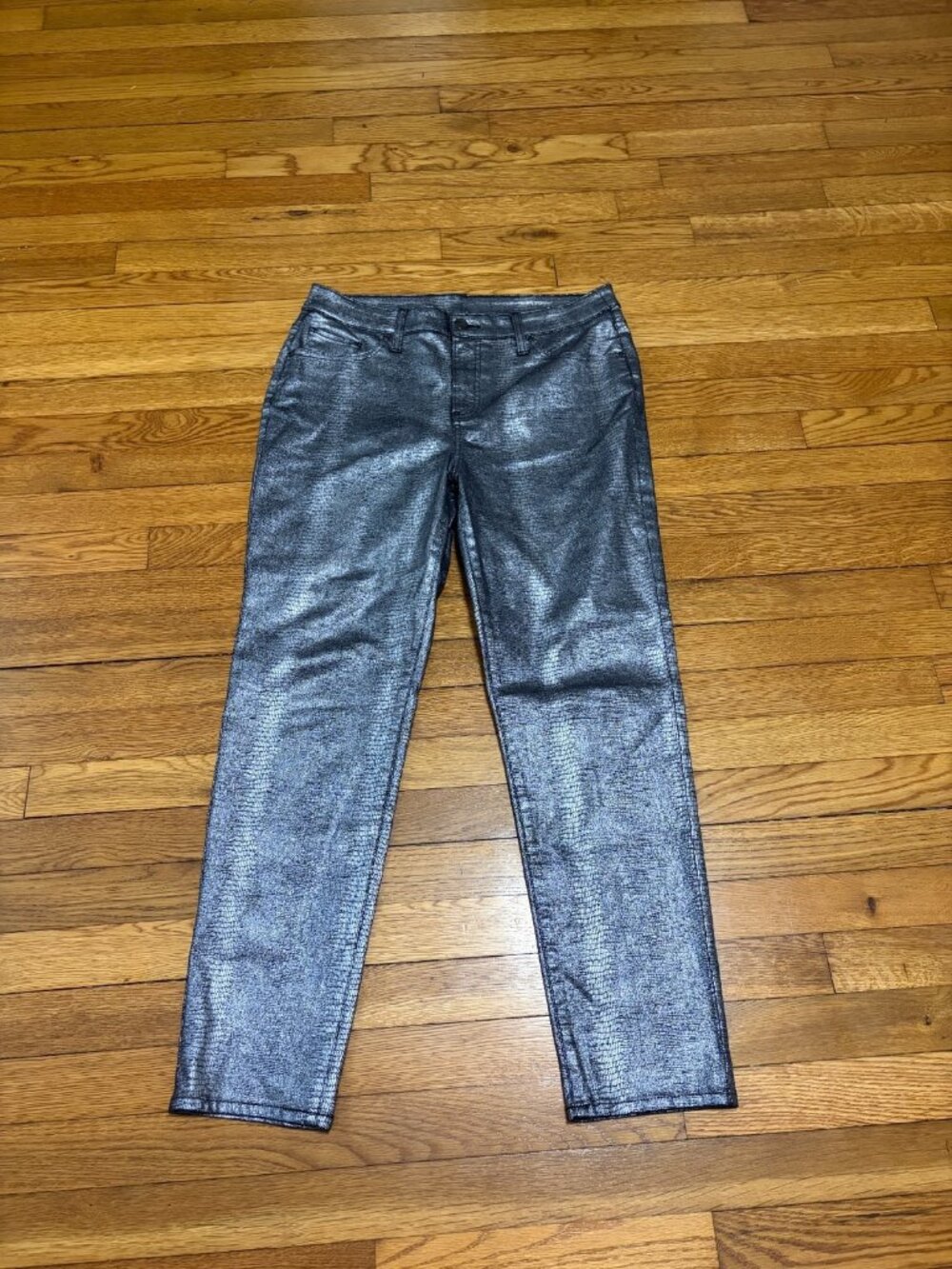 Chico's Womens Straight Leg Pants Size 1.5 (US 10) Silver Snakeskin Stretch